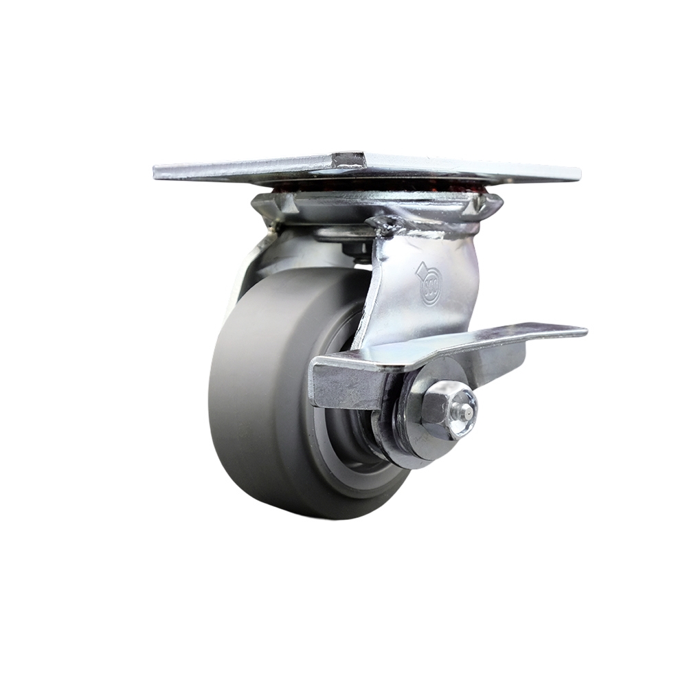 Heavy Duty Large Top Plate Thermo Rubber Flat Tread Swivel Caster with 4 x 2 in. Gray Wheel & Side Lock Brake - 300 lbs Capacity per Caster