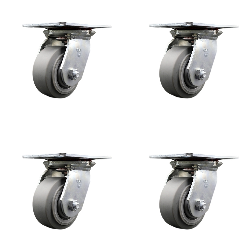 Heavy Duty Large Top Plate Thermo Rubber Flat Tread Swivel Caster with 4 x 2 in. Gray Wheels - 1200 lbs Total Capacity - Set of 4