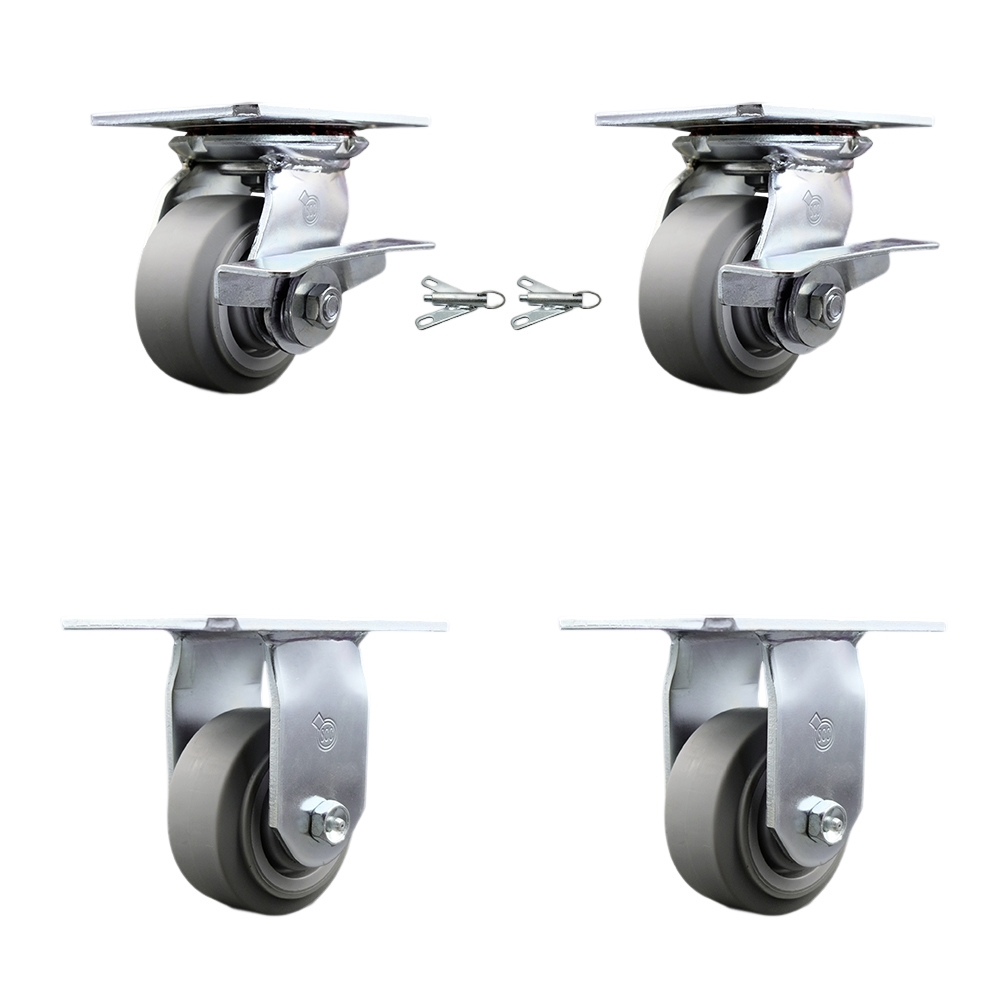 Heavy Duty Large Top Plate Thermo Rubber Flat Tread Swivel Caster with 4 x 2 in. Gray Wheels - 1200 lbs Capacity - Set of 4