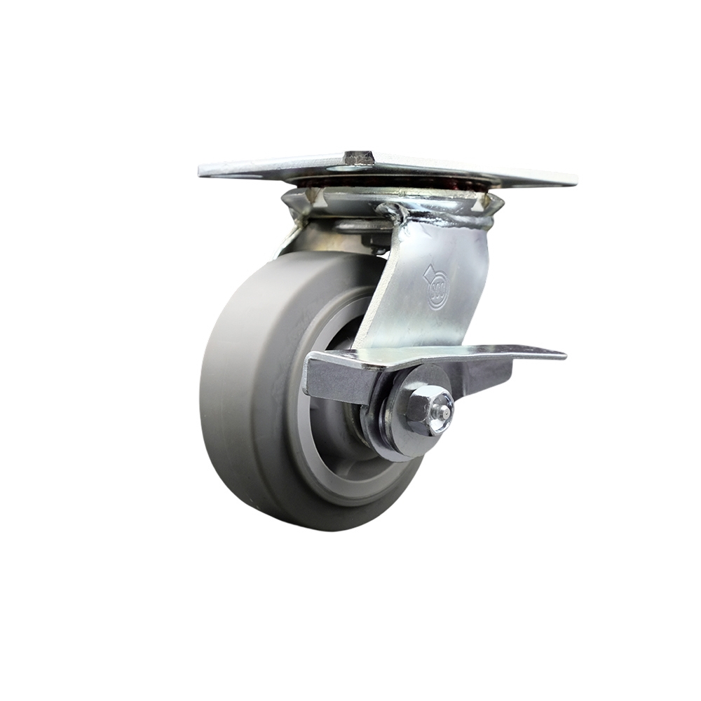 Heavy Duty Large Top Plate Thermo Rubber Flat Tread Swivel Caster with 5 x 2 in. Gray Wheel & Side Lock Brake - 350 lbs Capacity per Caster