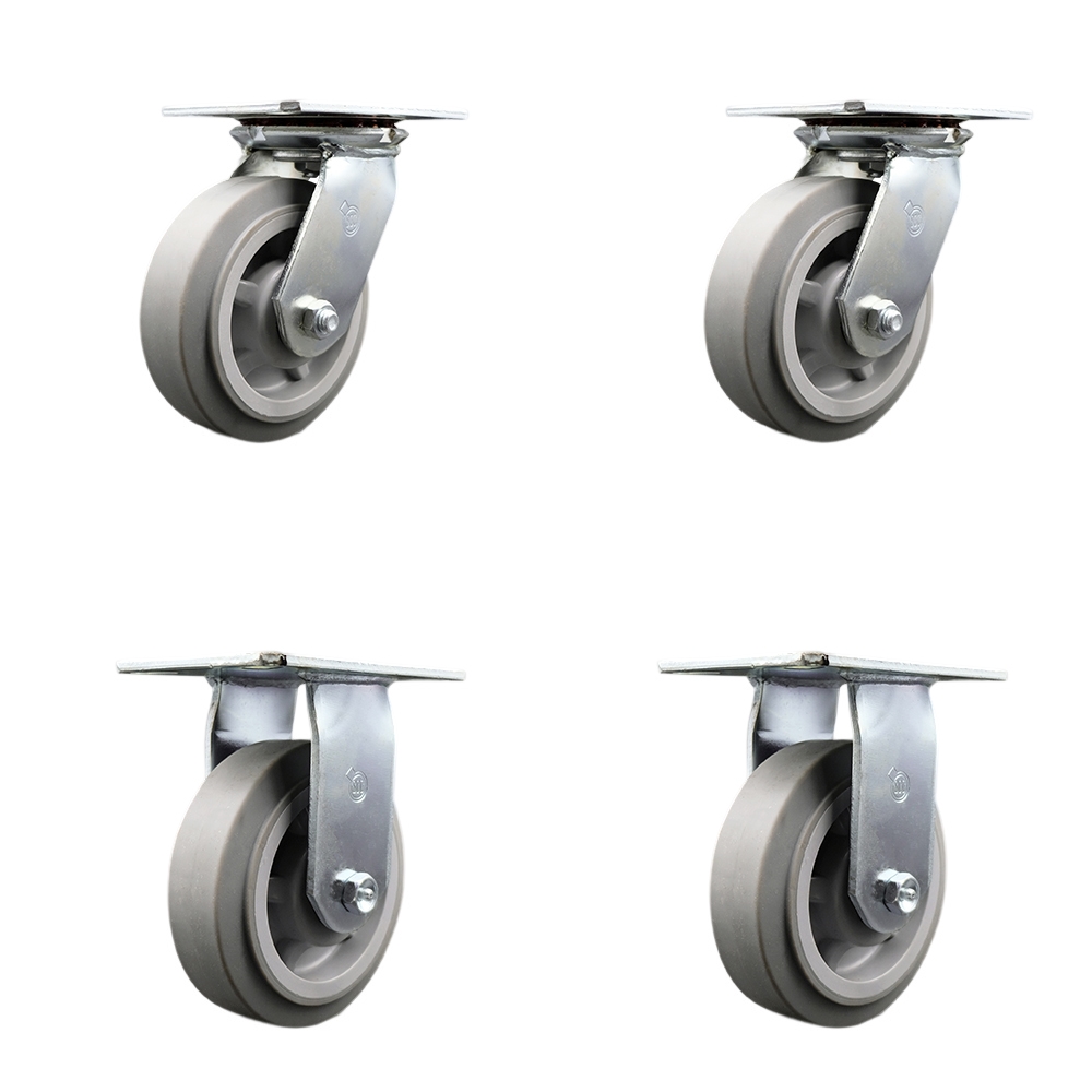 Heavy Duty Large Top Plate Thermo Rubber Flat Tread Swivel Caster with 6 x 2 in. Gray Wheels - 2000 lbs Total Capacity - Set of 4