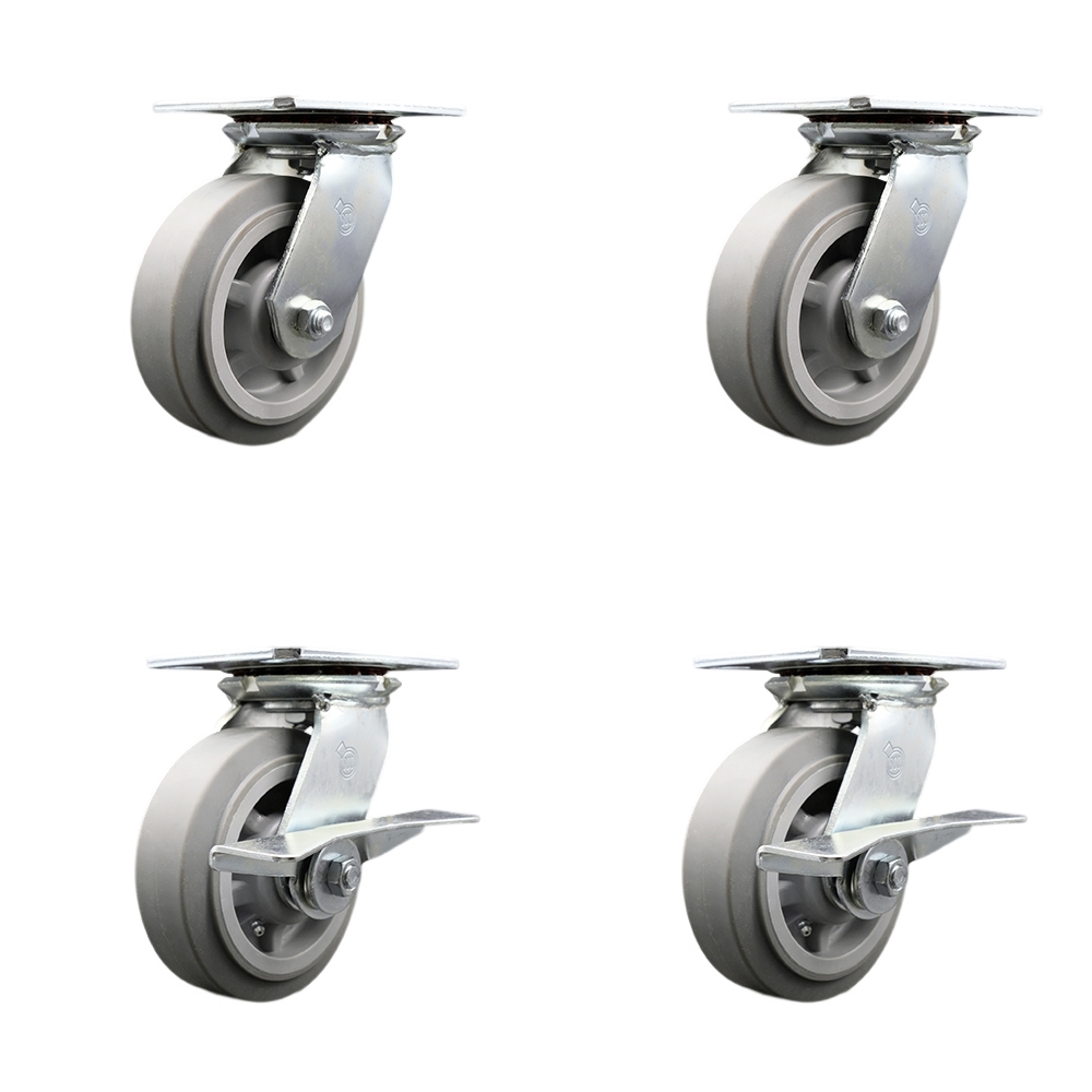 Heavy Duty Large Top Plate Thermo Rubber Flat Tread Swivel Caster with 6 x 2 in. Gray Wheels - 2000 lbs Total Capacity - Set of 4