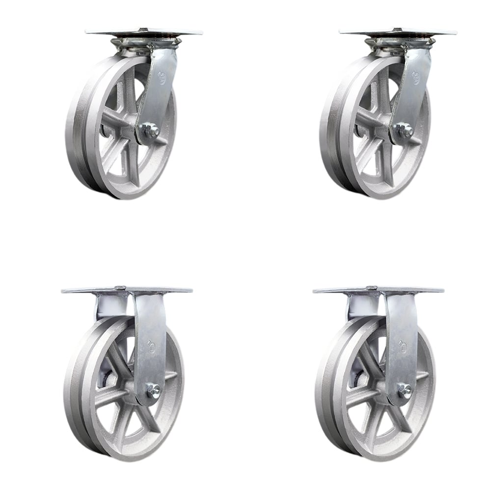 SCC-35S820-VGR-2-R-2 Heavy Duty Large Top Plate V Groove Semi Steel Swivel Caster with 8 x 2 in. Silver Wheels - 5000 lbs Total Capacity - Set of 4