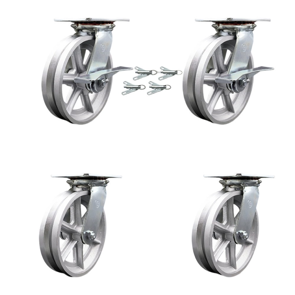 Heavy Duty Large Top Plate V Groove Semi Steel Swivel Caster with 8 x 2 in. Silver Wheel - 5000 lbs Capacity - Set of 4