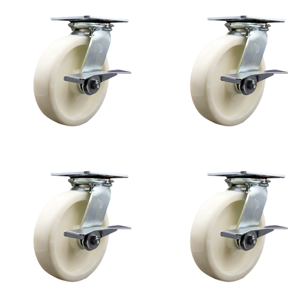 Heavy Duty Large Top Plate Nylon Swivel Caster with Maintenance Free Bearings with 8 x 2 in. White Wheels - 5000 lbs Total Capacity - Set of 4