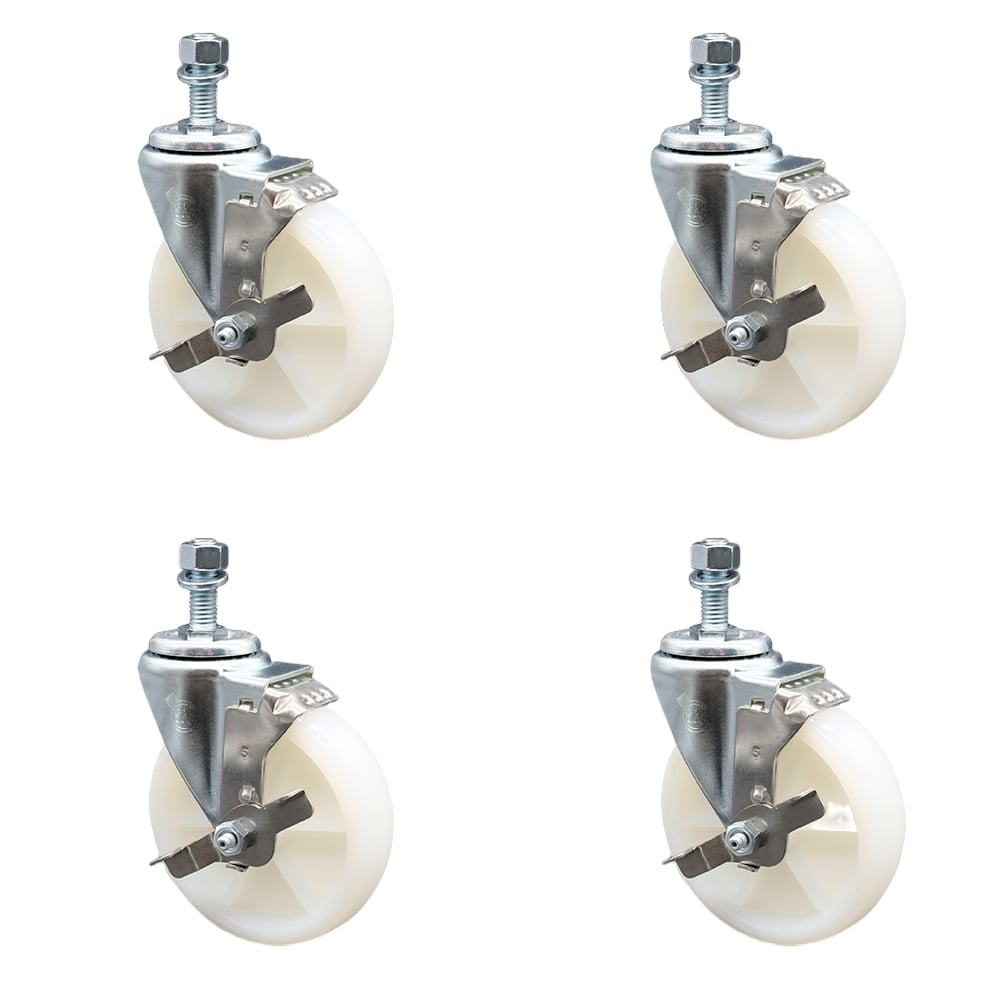 SCC-SSTS20S514-NYS-TLB-M1015-4 Stainless Steel Nylon Swivel Threaded Stem Caster with 5 x 1.25 in. White Wheels & 10 mm Stems - Set of 4
