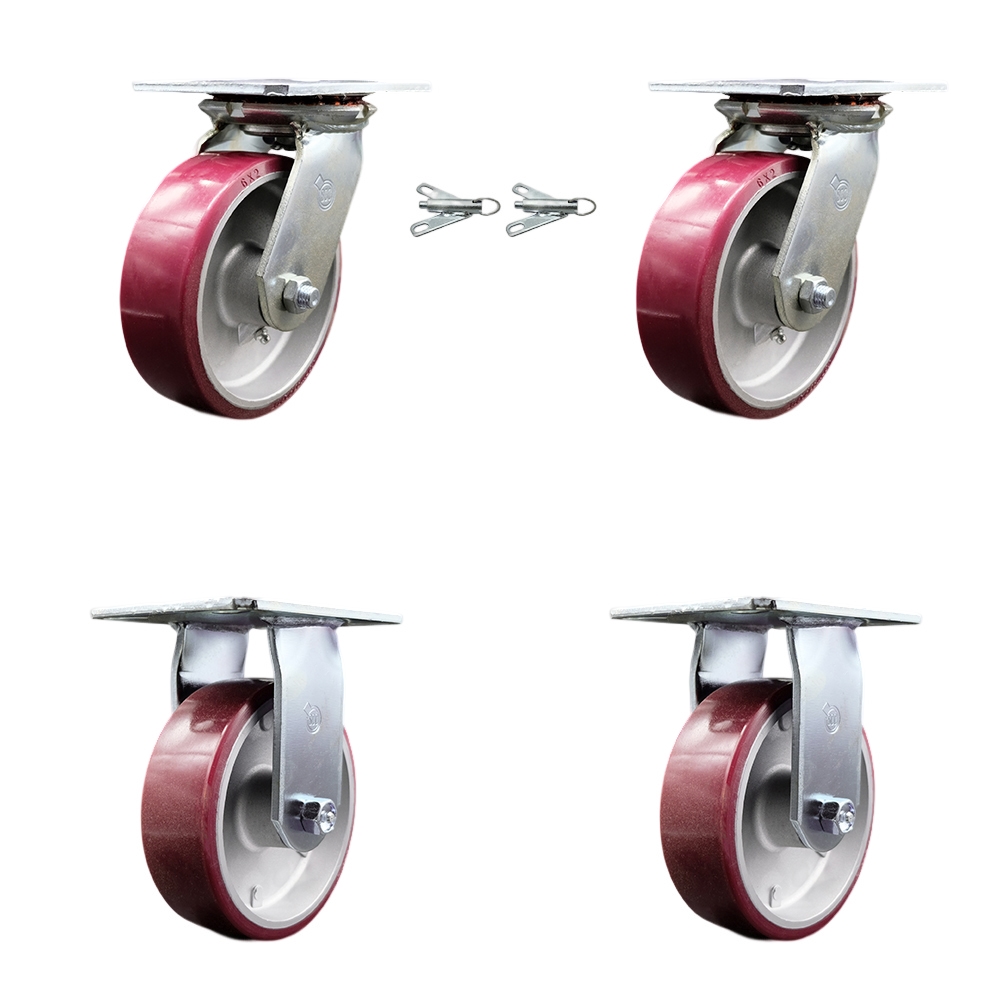 Heavy Duty Large Top Plate Polyurethane on Aluminum Swivel Caster with Maintenance Free Bearings with 6 x 2 in. Maroon Wheels - Set of 4