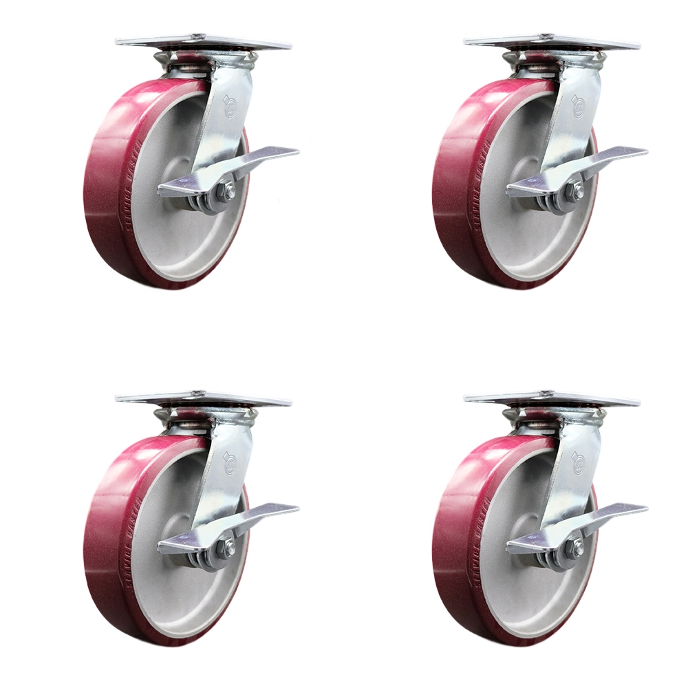 Heavy Duty Large Top Plate Polyurethane on Aluminum Swivel Caster with Maintenance Free Bearings with 8 x 2 in. Maroon Wheels - Set of 4