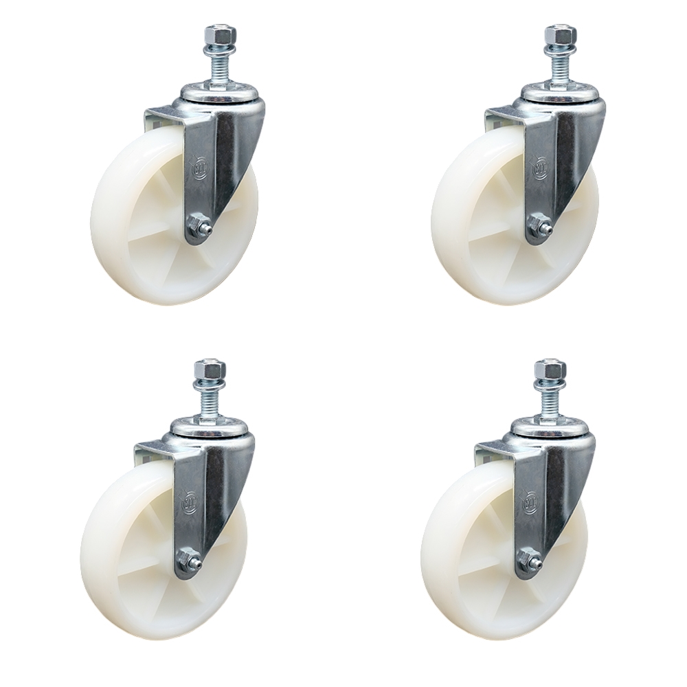 SCC-SSTS20S514-NYS-M1215-4 Stainless Steel Nylon Swivel Threaded Stem Caster with 5 x 1.25 in. White Wheels & 12 mm Stems - Set of 4