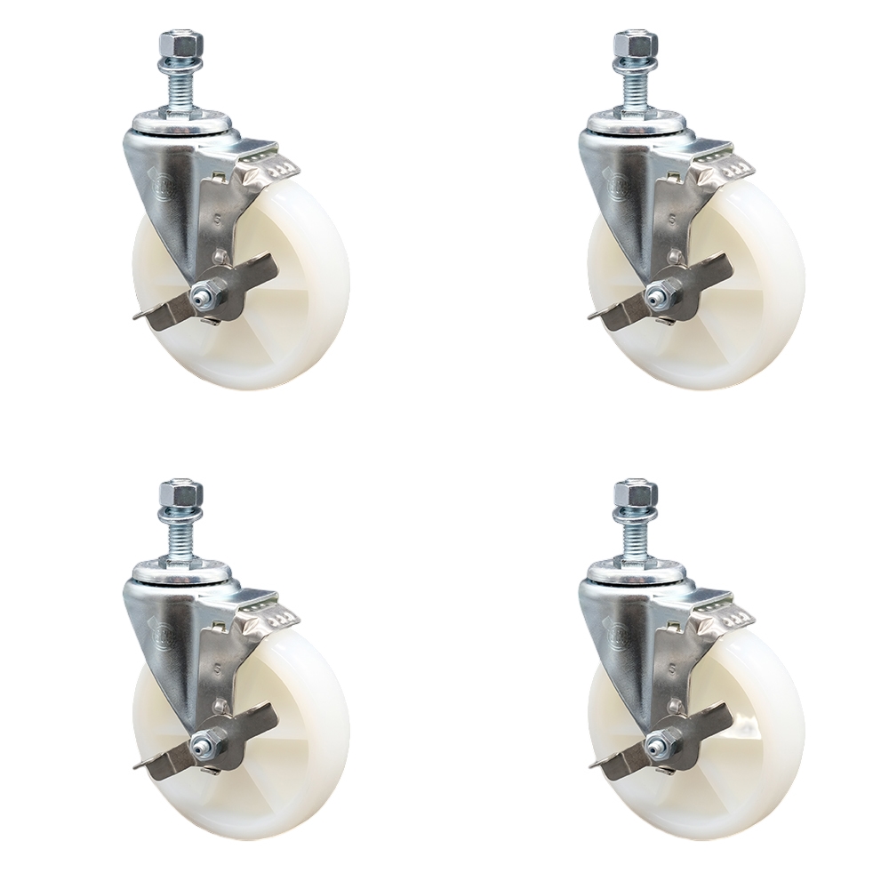 SCC-SSTS20S514-NYS-TLB-M1215-4 Stainless Steel Nylon Swivel Threaded Stem Caster with 5 x 1.25 in. White Wheels & 12 mm Stems - Set of 4