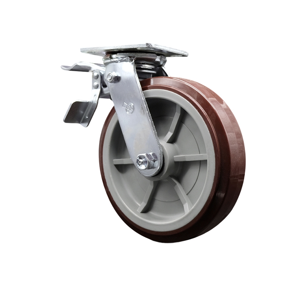 Heavy Duty Swivel Top Plate Caster with Total Lock Brake & 8 in. Polyurethane Wheel with Ball Bearings - 1000 lbs Capacity per Caster