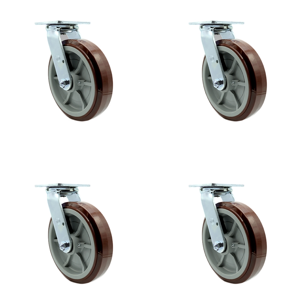 SCC-SS30S820-PPUB-4 Stainless Steel Heavy Duty Swivel Caster with 8 in. Polyurethane Wheels & Ball Bearings - 4000 lbs Total Capacity - Set of 4