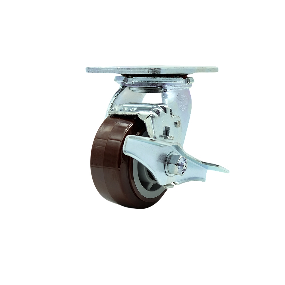 Heavy Duty Swivel Top Plate Caster with Top Lock Brake & 4 in. Polyurethane Wheel with Ball Bearings - 600 lbs Capacity per Caster