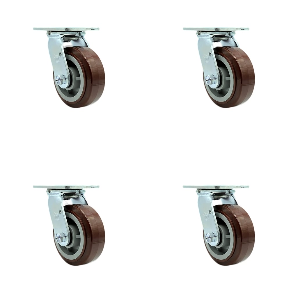 SCC-SS30S520-PPUB-4 Stainless Steel Heavy Duty Swivel Caster with 5 in. Polyurethane Wheels & Ball Bearings - 3000 lbs Total Capacity - Set of 4