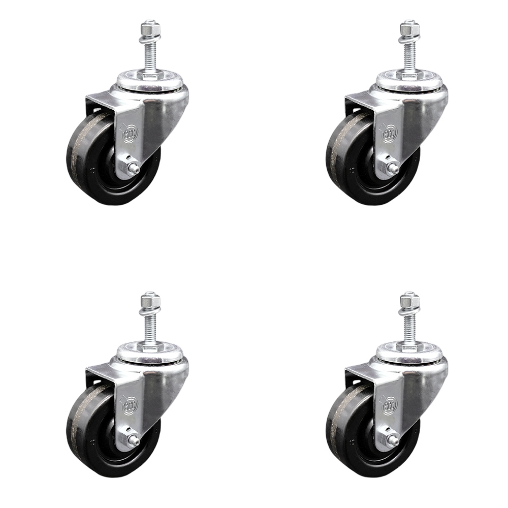 SCC-TS20S314-PHR-M1015-4 Phenolic Swivel Threaded Stem Caster with Roller Bearing with 3 x 1.25 in. Black Wheels & 10 mm Stems - Set of 4