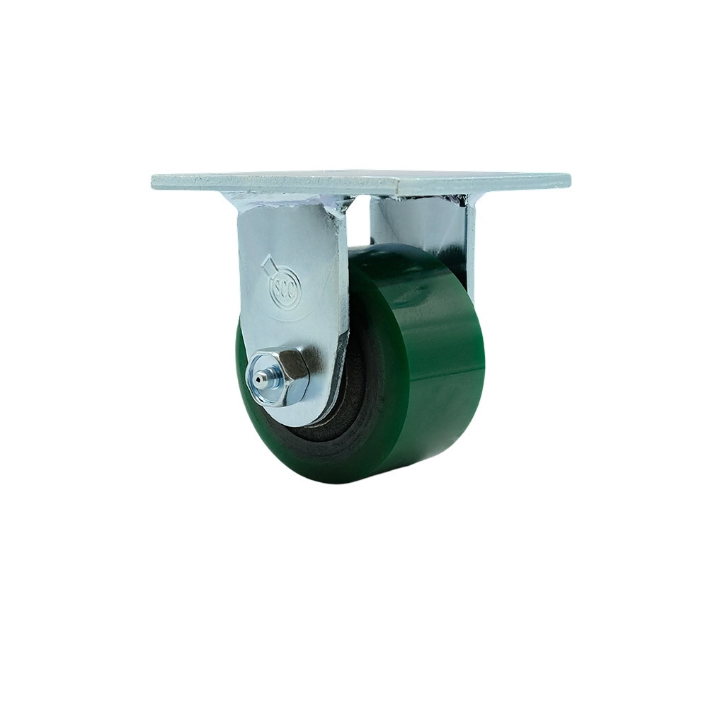 Heavy Duty Rigid Top Plate Caster with 3.25 in. Green Polyurethane on Cast Iron Wheel & Ball Bearings - 600 lbs Capacity per Caster