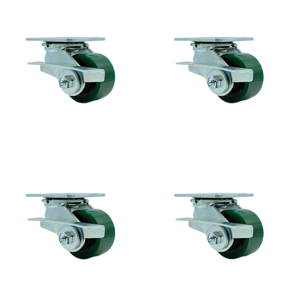 Heavy Duty Swivel Caster with 3.25 in. Green Polyurethane on Cast Iron Wheels & Ball Bearings - 2400 lbs Total Capacity - Set of 4