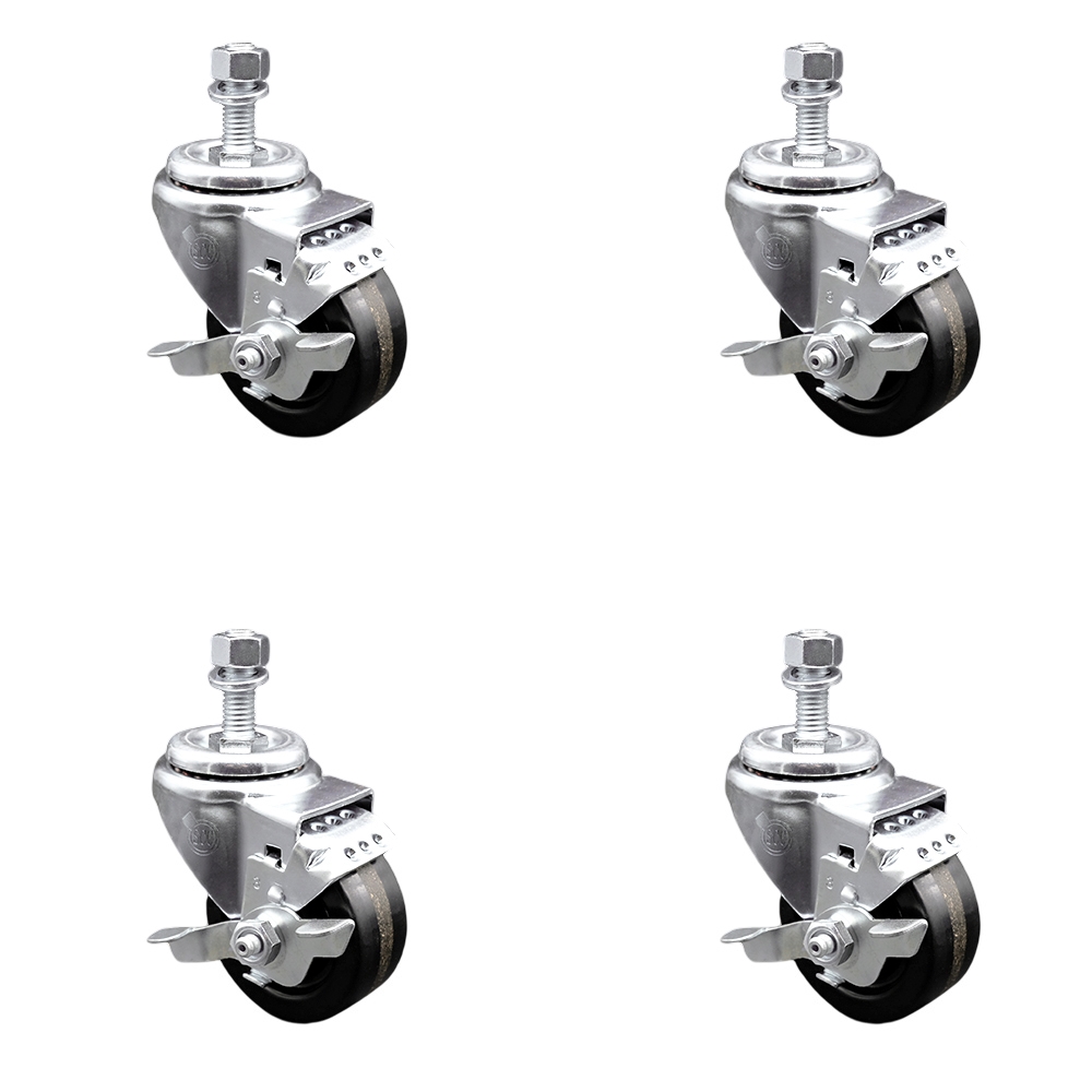 SCC-TS20S314-PHR-TLB-M1215-4 Phenolic Swivel Threaded Stem Caster with Roller Bearing with 3 x 1.25 in. Black Wheels & 12 mm Stems - Set of 4