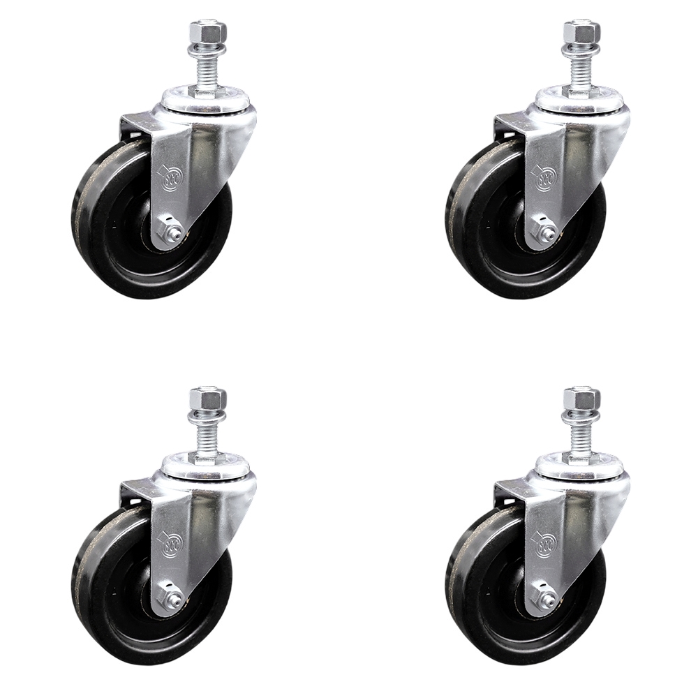 SCC-TS20S414-PHR-M1215-4 Phenolic Swivel Threaded Stem Caster with Roller Bearing with 4 x 1.25 in. Black Wheels & 12 mm Stems - Set of 4