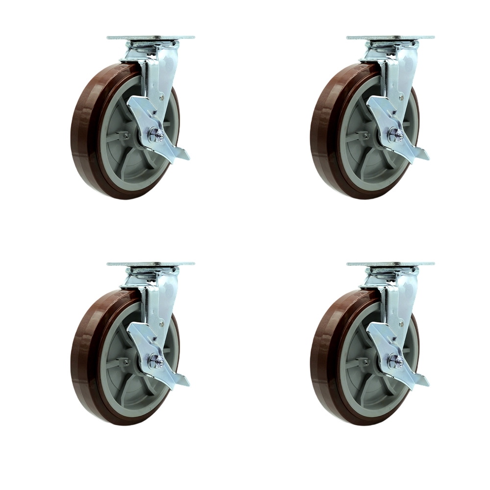 SCC-30CS820-PPUB-TLB-4 Heavy Duty Swivel Caster with 8 in. Polyurethane Wheels & Ball Bearings - 4000 lbs Total Capacity - Set of 4