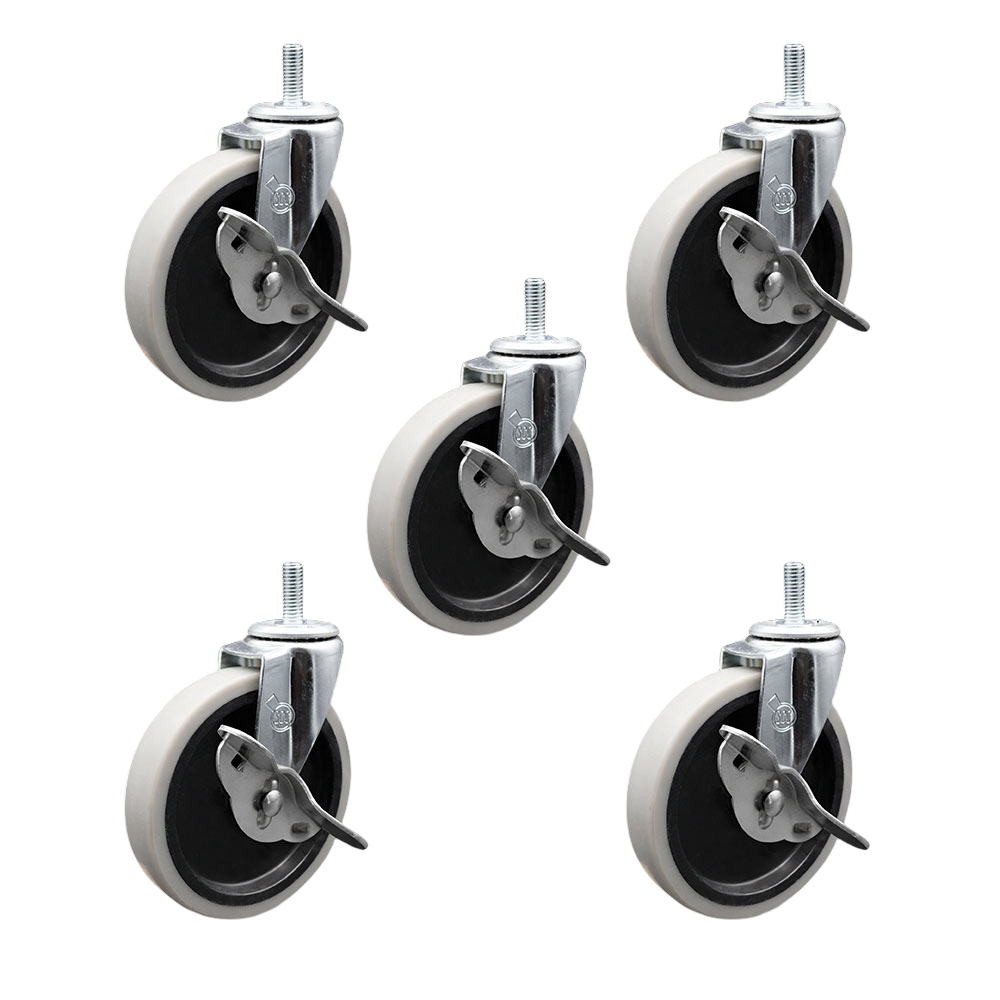 SCC-TS05S510-TPRS-SLB-M815-5 5 in. Swivel Thermoplastic Rubber Caster Wheels with 8 mm 1.25 TPI x 1.5 in. Threaded Stem Caster with Brake - Set of 5