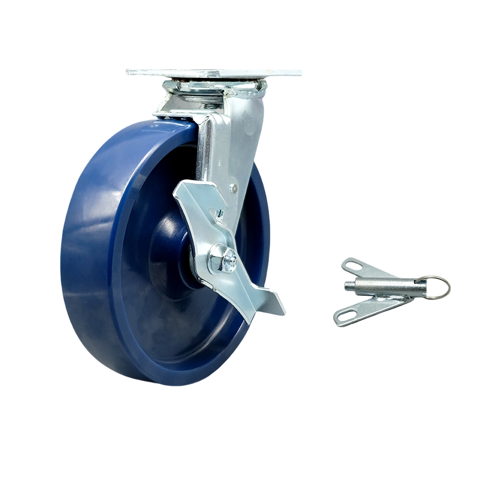 Stainless Steel Heavy Duty Swivel Top Plate Caster with Top Lock Brake & Bolt on Swivel Lock & 8 in. Solid Polyurethane Wheel with Ball Bearings
