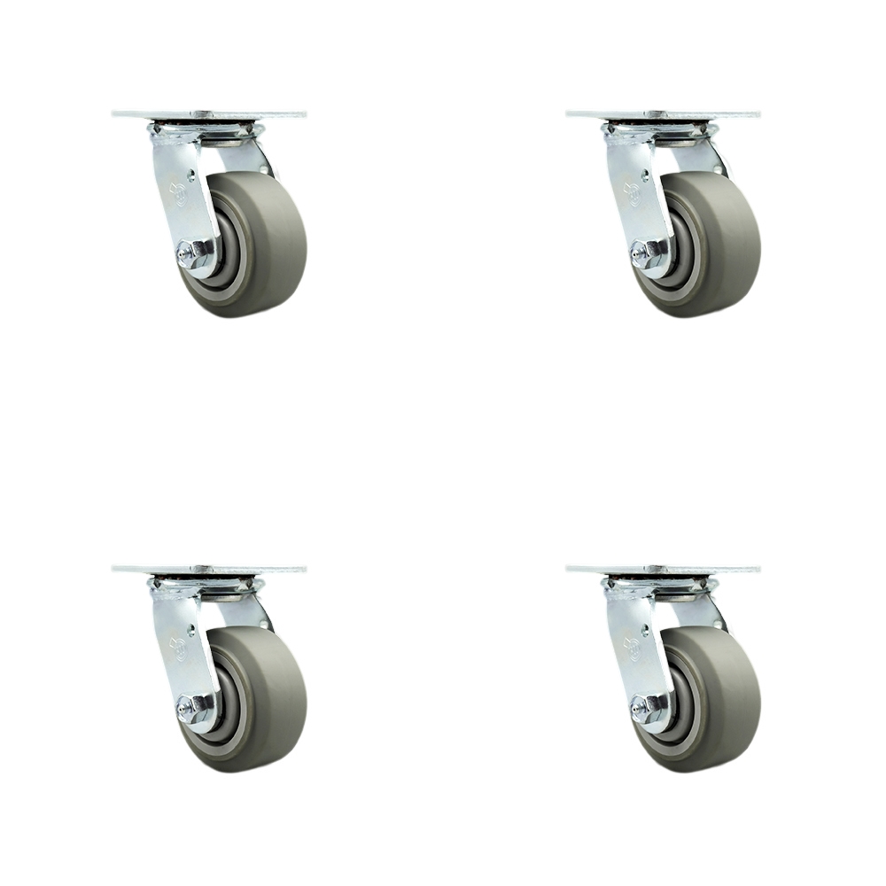 Heavy Duty Swivel Caster with 4 in. Thermoplastic Rubber Flat Tread Wheels & Ball Bearings - 1200 lbs Total Capacity - Set of 4