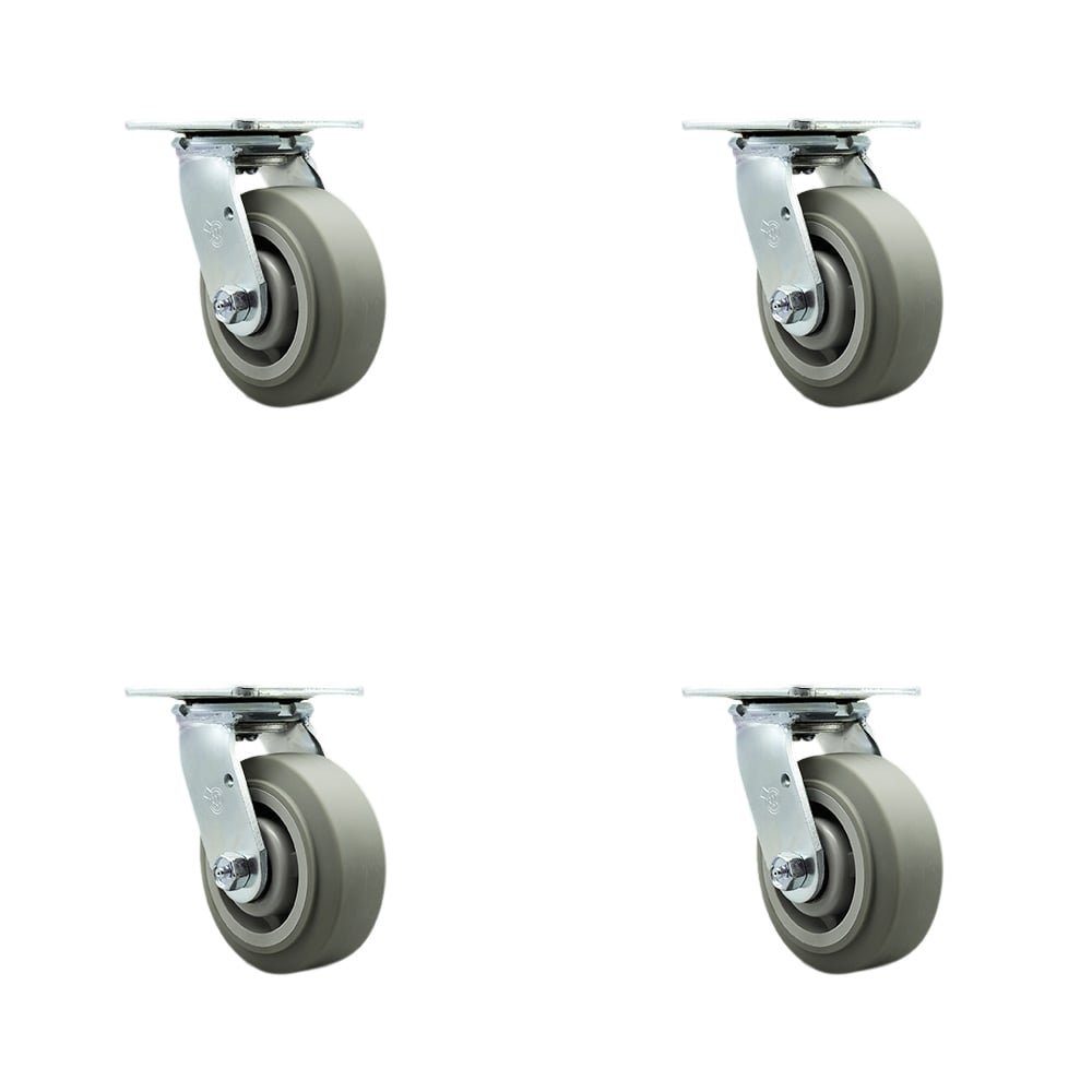 Heavy Duty Swivel Caster with 5 in. Thermoplastic Rubber Flat Tread Wheels & Ball Bearings - 1400 lbs Total Capacity - Set of 4