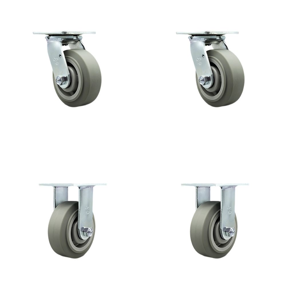 Heavy Duty Swivel Caster with 5 in. Thermoplastic Rubber Flat Tread Wheels & Ball Bearings - 1400 lbs Total Capacity - Set of 4