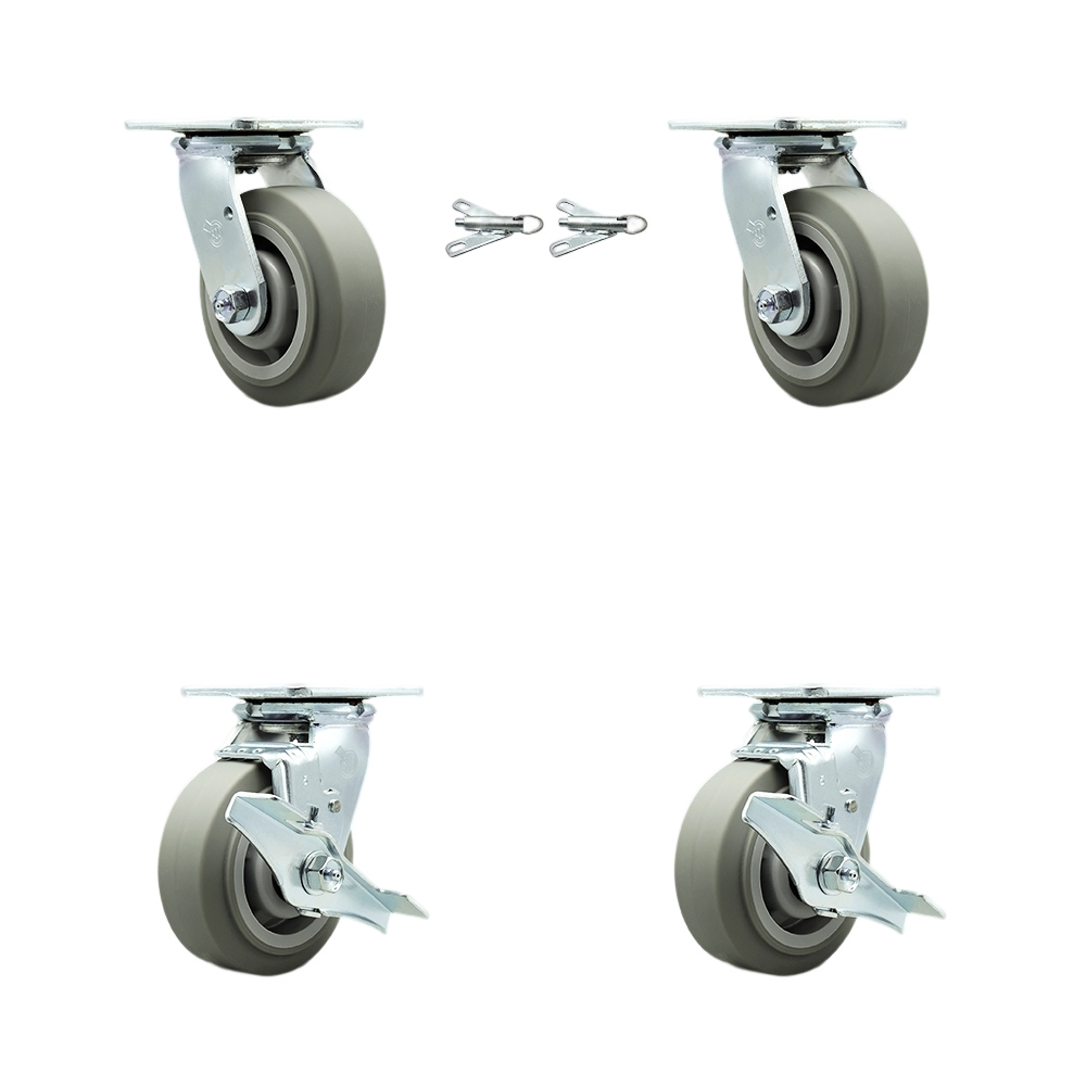 SCC-30CS520-TPRBF-BSL-2-TLB-2 Heavy Duty Swivel Caster with 5 in. Thermoplastic Rubber Flat Tread Wheels & Ball Bearings - Set of 4