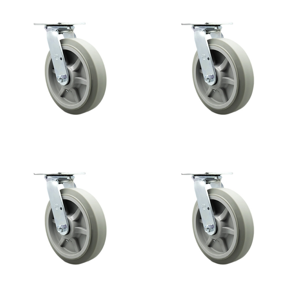 Heavy Duty Swivel Caster with 8 in. Thermoplastic Rubber Flat Tread Wheels & Ball Bearings - 2400 lbs Total Capacity - Set of 4
