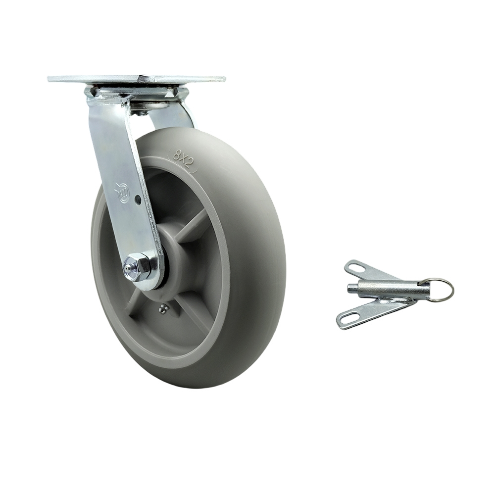 Stainless Steel Heavy Duty Swivel Top Plate Caster with Bolt on Swivel Lock & 8 in. Thermoplastic Rubber Donut Tread Wheel with Ball Bearings