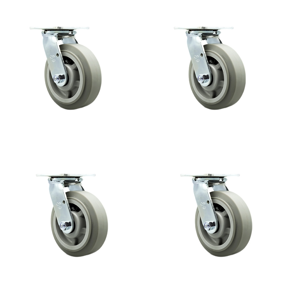 Heavy Duty Swivel Caster with 6 in. Thermoplastic Rubber Flat Tread Wheels & Ball Bearings - 2000 lbs Total Capacity - Set of 4