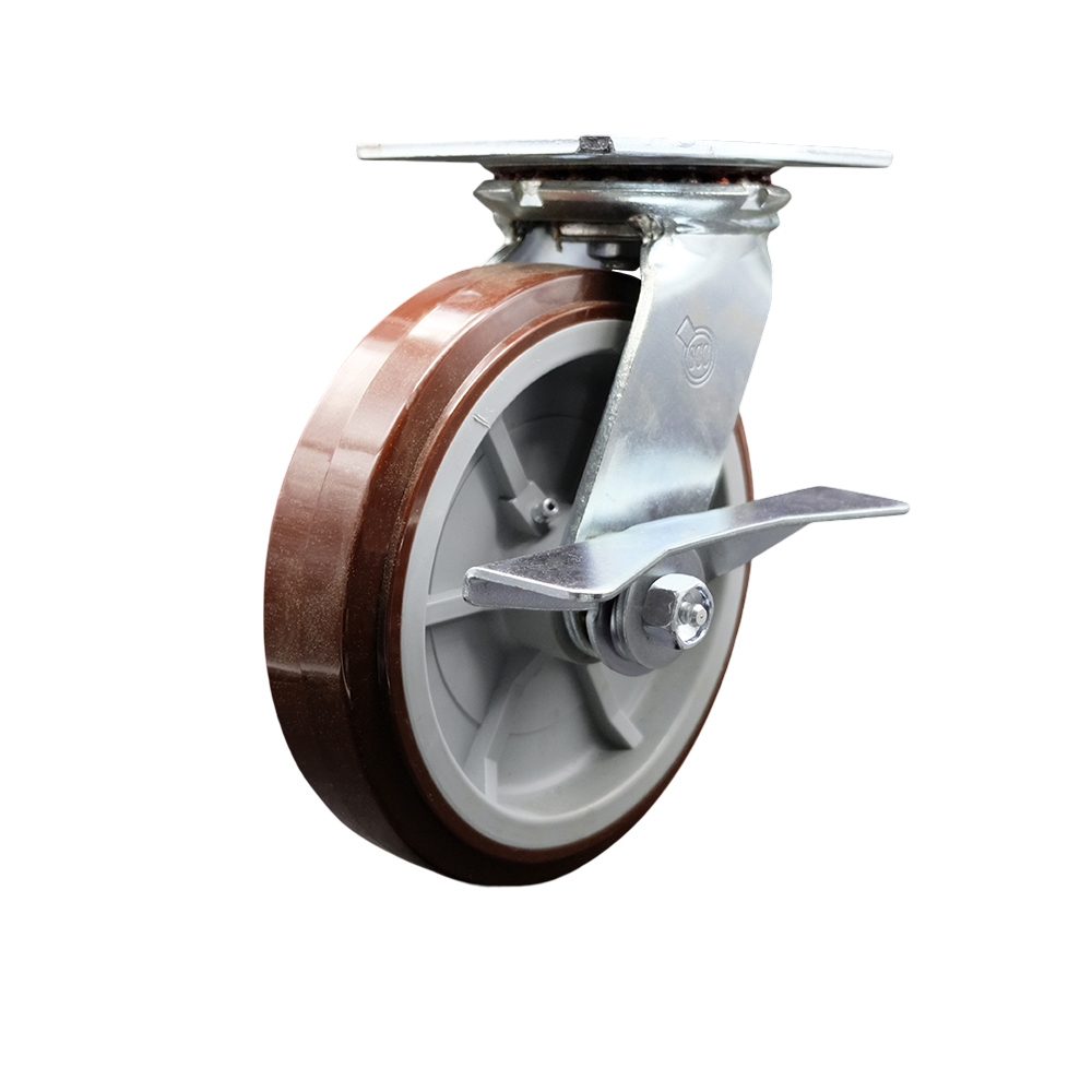 Heavy Duty Large Top Plate Polyurethane on Polyolefin Swivel Caster with 8 x 2 in. Maroon Wheel & Side Lock Brake - 1000 lbs Capacity per Caster