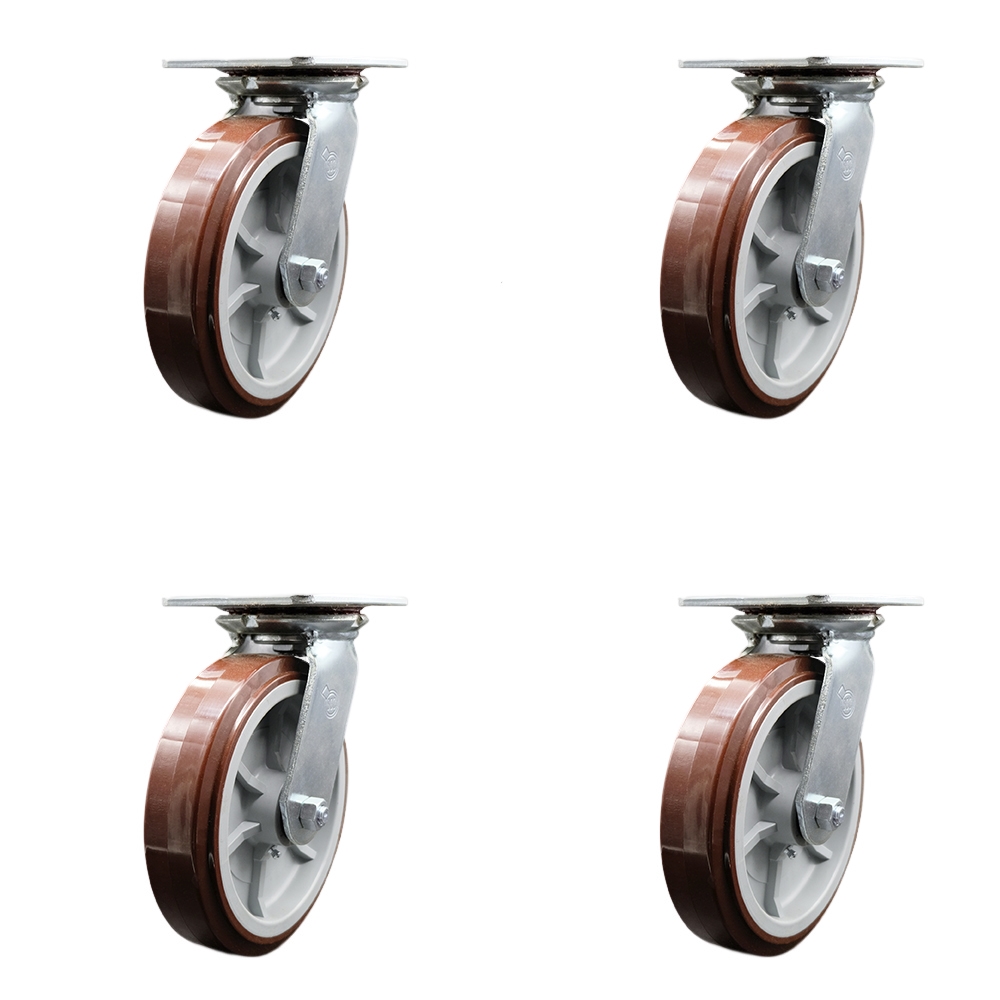 Heavy Duty Large Top Plate Polyurethane on Polyolefin Swivel Caster with 8 x 2 in. Maroon Wheels - 4000 lbs Total Capacity - Set of 4