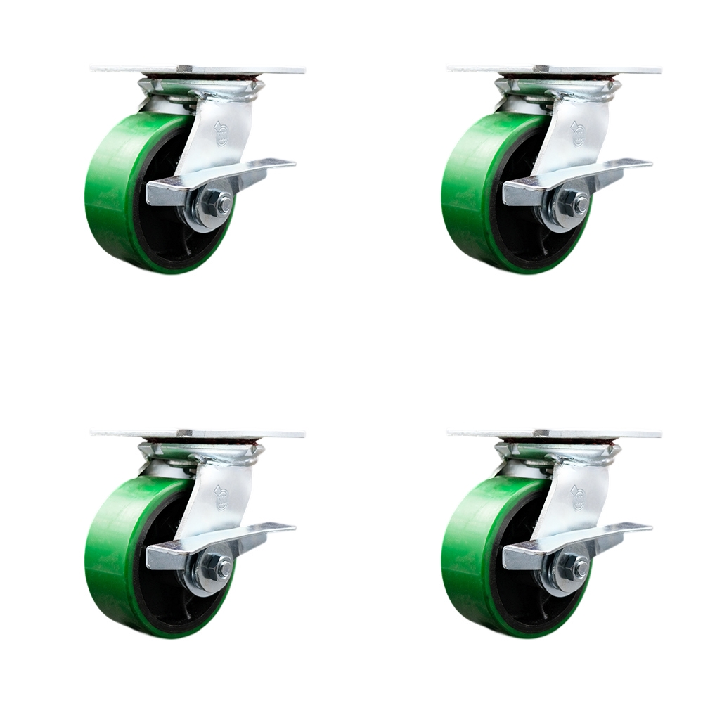 Heavy Duty Large Top Plate Polyurethane on Cast Iron Swivel Caster with 5 x 2 in. Green Wheels - 3600 lbs Total Capacity - Set of 4