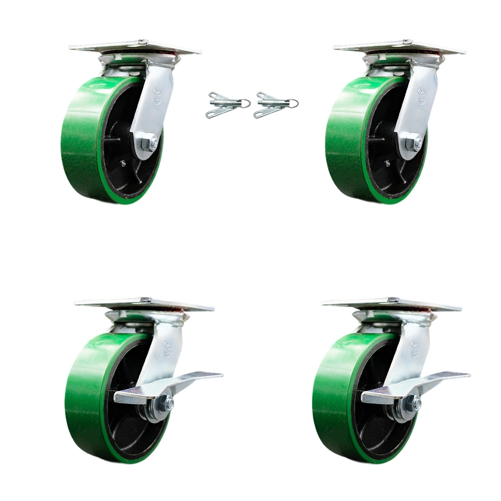 Heavy Duty Large Top Plate Polyurethane on Cast Iron Swivel Caster with 6 x 2 in. Green Wheels - 4800 lbs Capacity - Set of 4