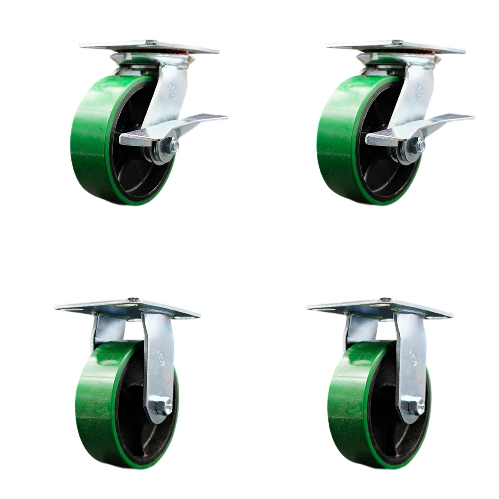 Heavy Duty Large Top Plate Polyurethane on Cast Iron Swivel Caster with 6 x 2 in. Green Wheels - 4800 lbs Total Capacity - Set of 4