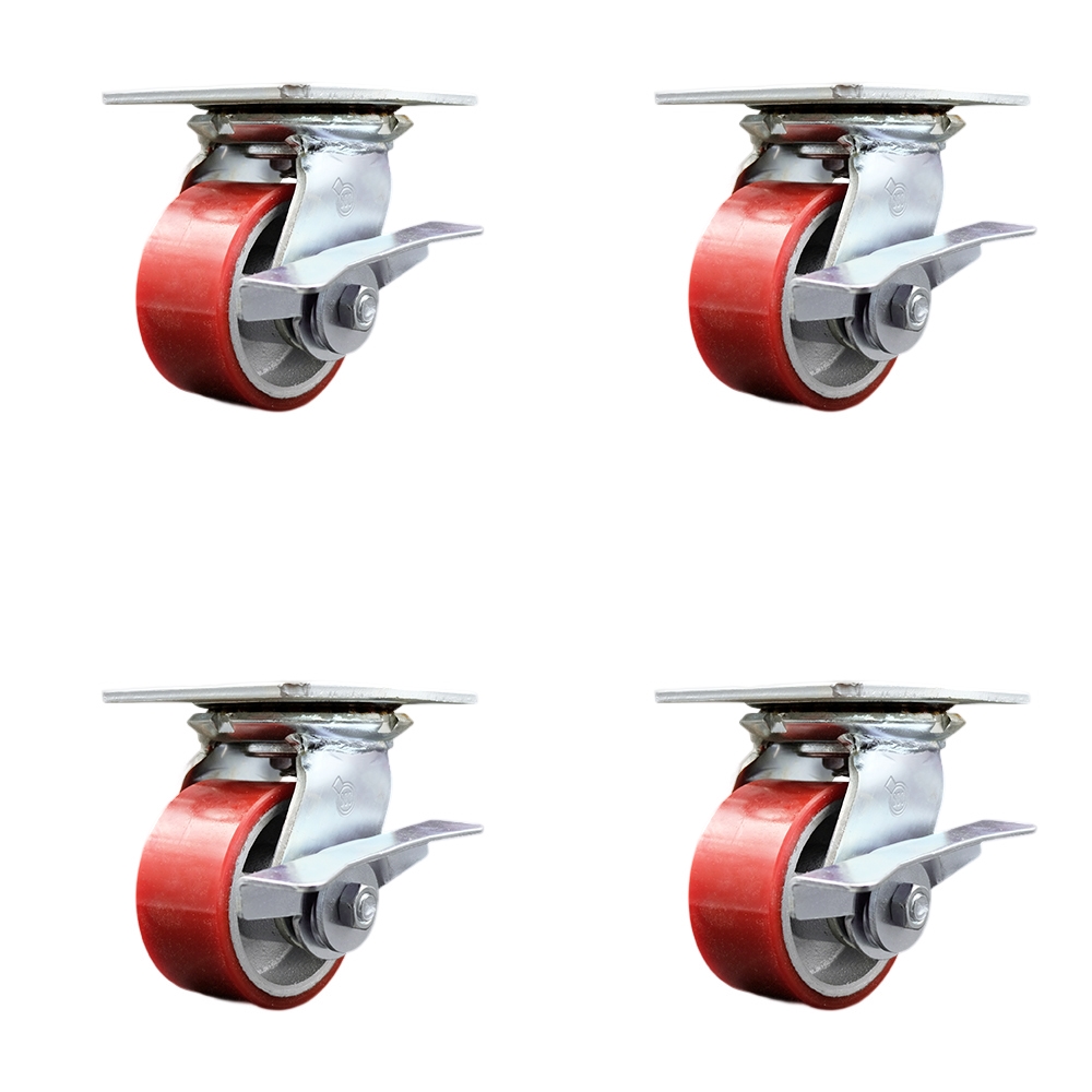 Heavy Duty Large Top Plate Polyurethane on Cast Iron Swivel Caster with 4 x 2 in. Red Wheels - 2800 lbs Total Capacity - Set of 4