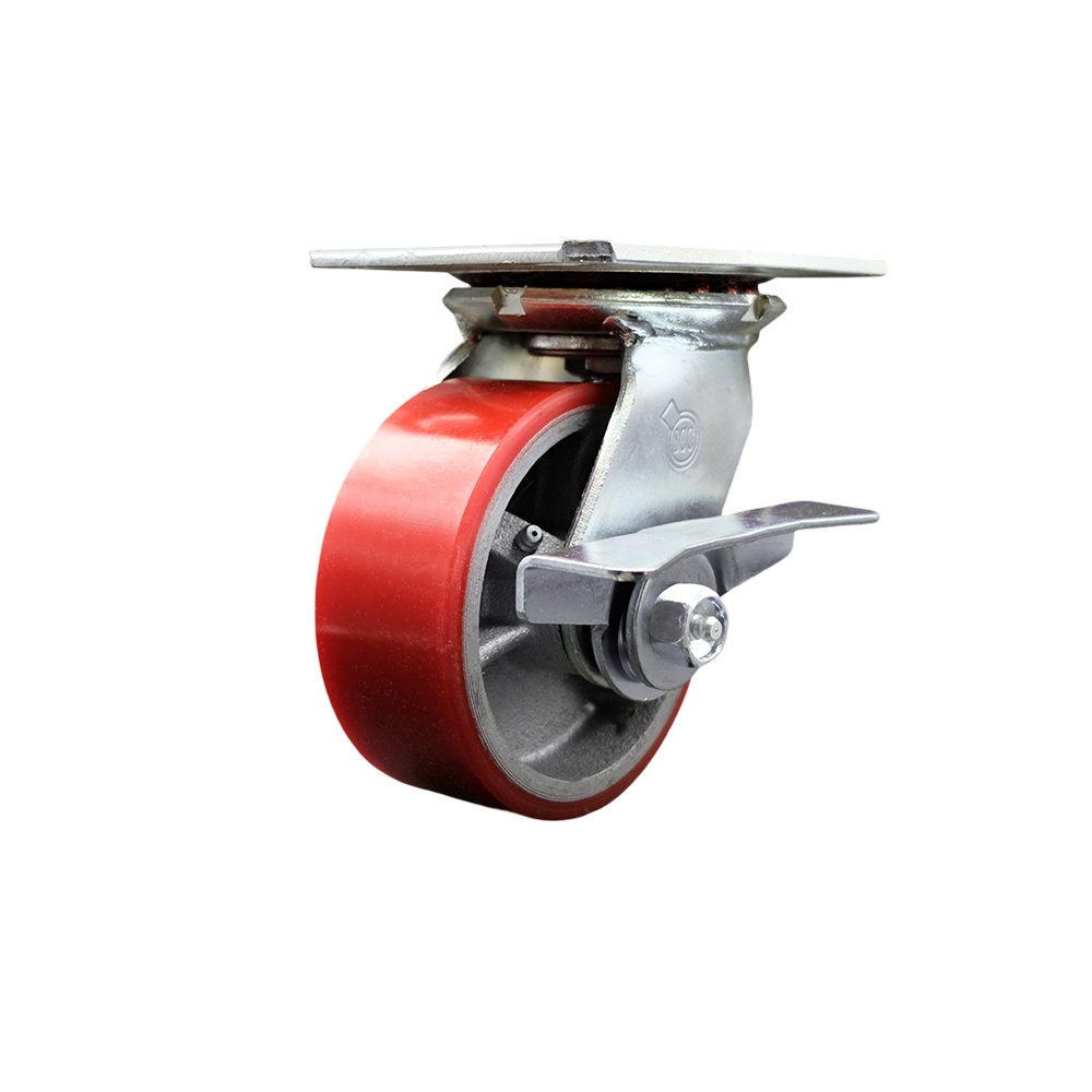 Heavy Duty Large Top Plate Polyurethane on Cast Iron Swivel Caster with 5 x 2 in. Red Wheel & Side Lock Brake - 900 lbs Capacity per Caster