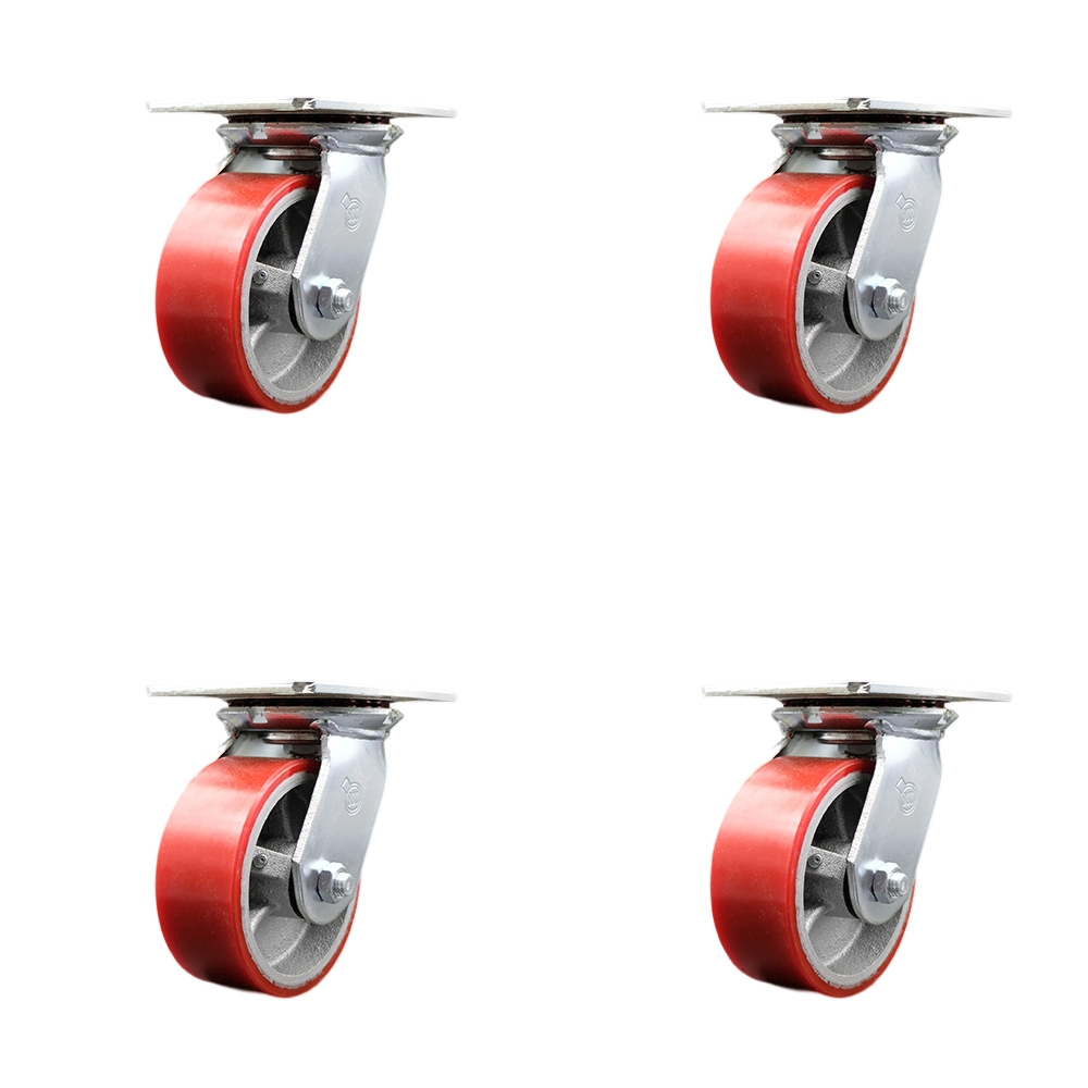 SCC-35S520-PUR-RS-4 Heavy Duty Large Top Plate Polyurethane on Cast Iron Swivel Caster with 5 x 2 in. Red Wheels - 3600 lbs Total Capacity - Set of 4