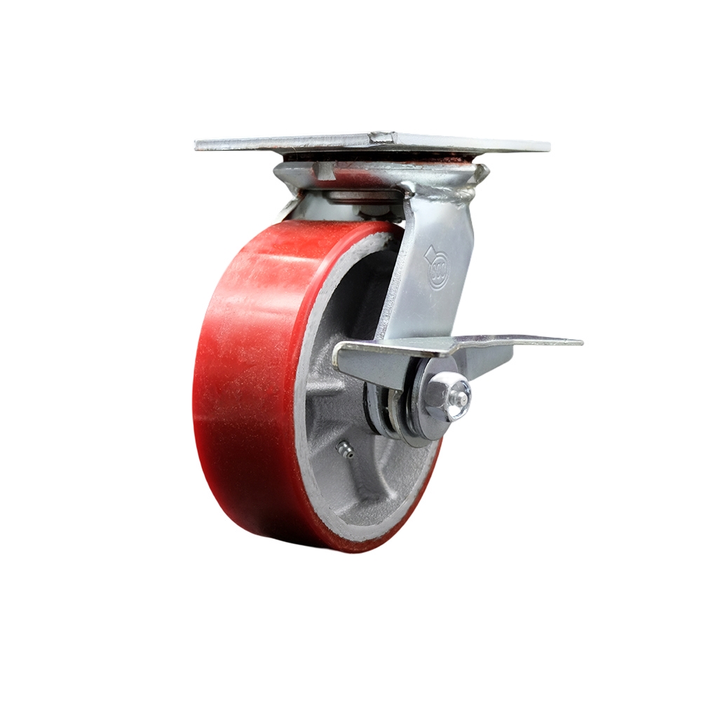 Heavy Duty Large Top Plate Polyurethane on Cast Iron Swivel Caster with 6 x 2 in. Red Wheel & Side Lock Brake - 1200 lbs Capacity per Caster