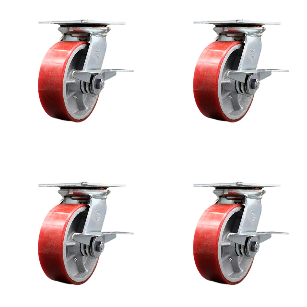 Heavy Duty Large Top Plate Polyurethane on Cast Iron Swivel Caster with 6 x 2 in. Red Wheels - 4800 lbs Total Capacity - Set of 4