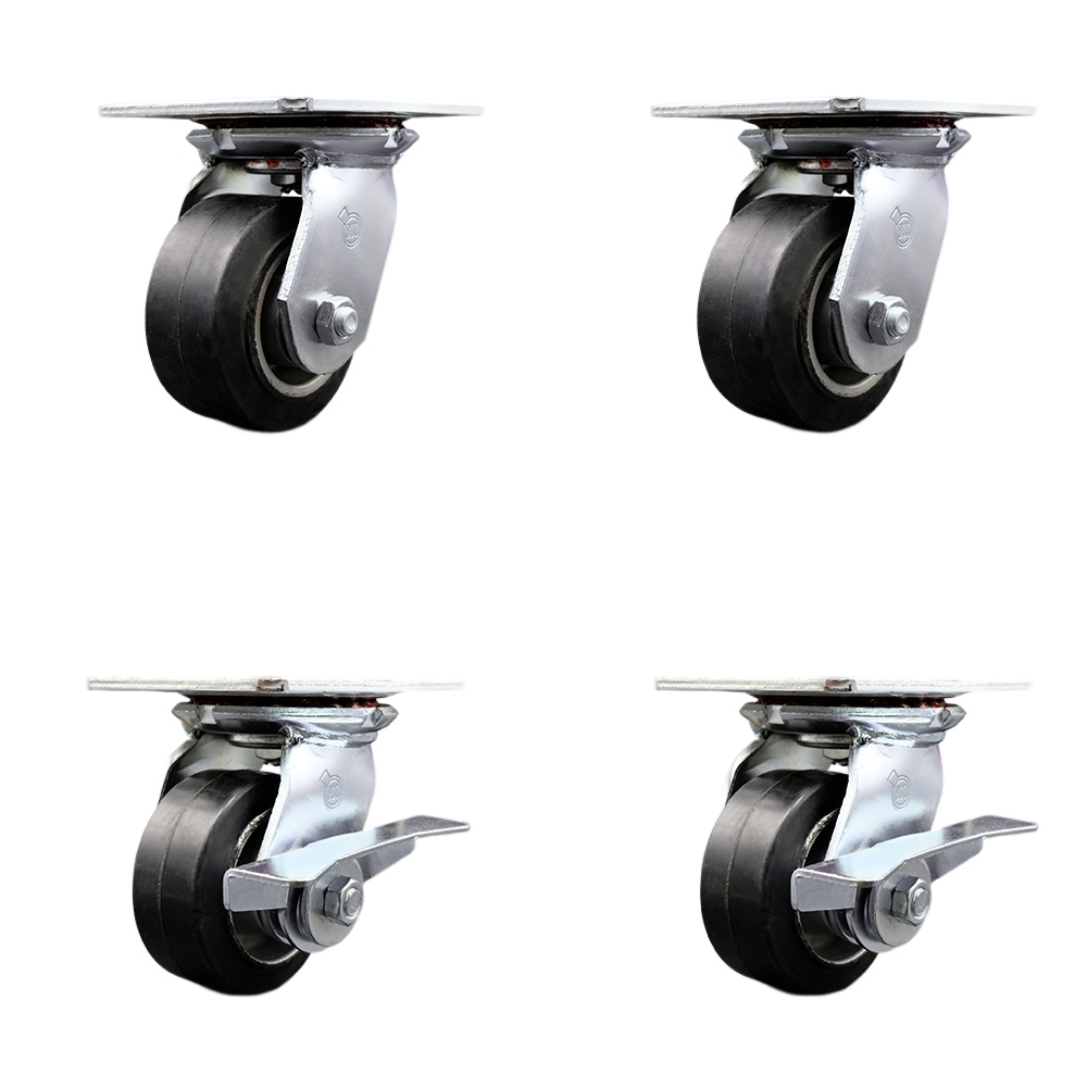 SCC-35S420-RAR-2-SLB-2 Heavy Duty Large Top Plate Rubber on Aluminum Swivel Caster with 4 x 2 in. Black Wheels - 1600 lbs Total Capacity - Set of 4
