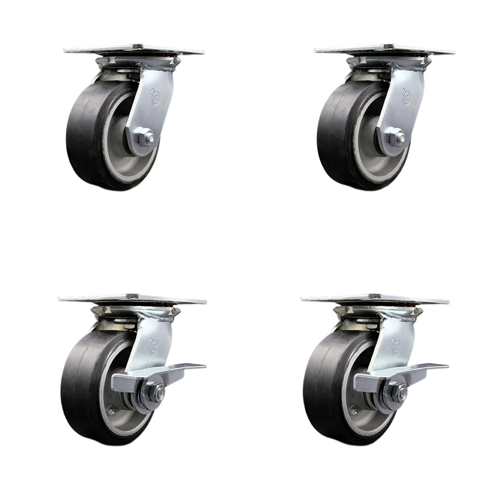 SCC-35S520-RAR-2-SLB-2 Heavy Duty Large Top Plate Rubber on Aluminum Swivel Caster with 5 x 2 in. Black Wheels - 2000 lbs Total Capacity - Set of 4