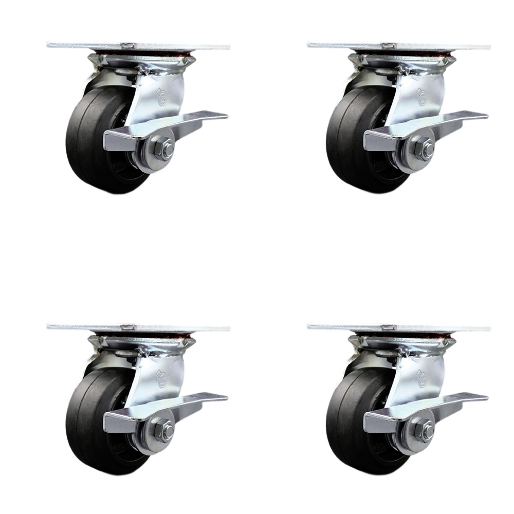 SCC-35S420-RSR-SLB-4 Heavy Duty Large Top Plate Rubber on Cast Iron Swivel Caster with 4 x 2 in. Black Wheels - 1600 lbs Total Capacity - Set of 4