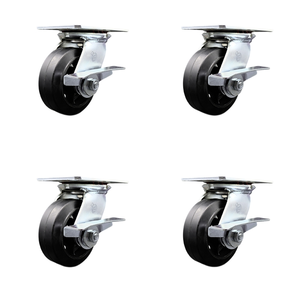SCC-35S520-RSR-SLB-4 Heavy Duty Large Top Plate Rubber on Cast Iron Swivel Caster with 5 x 2 in. Black Wheels - 1600 lbs Total Capacity - Set of 4