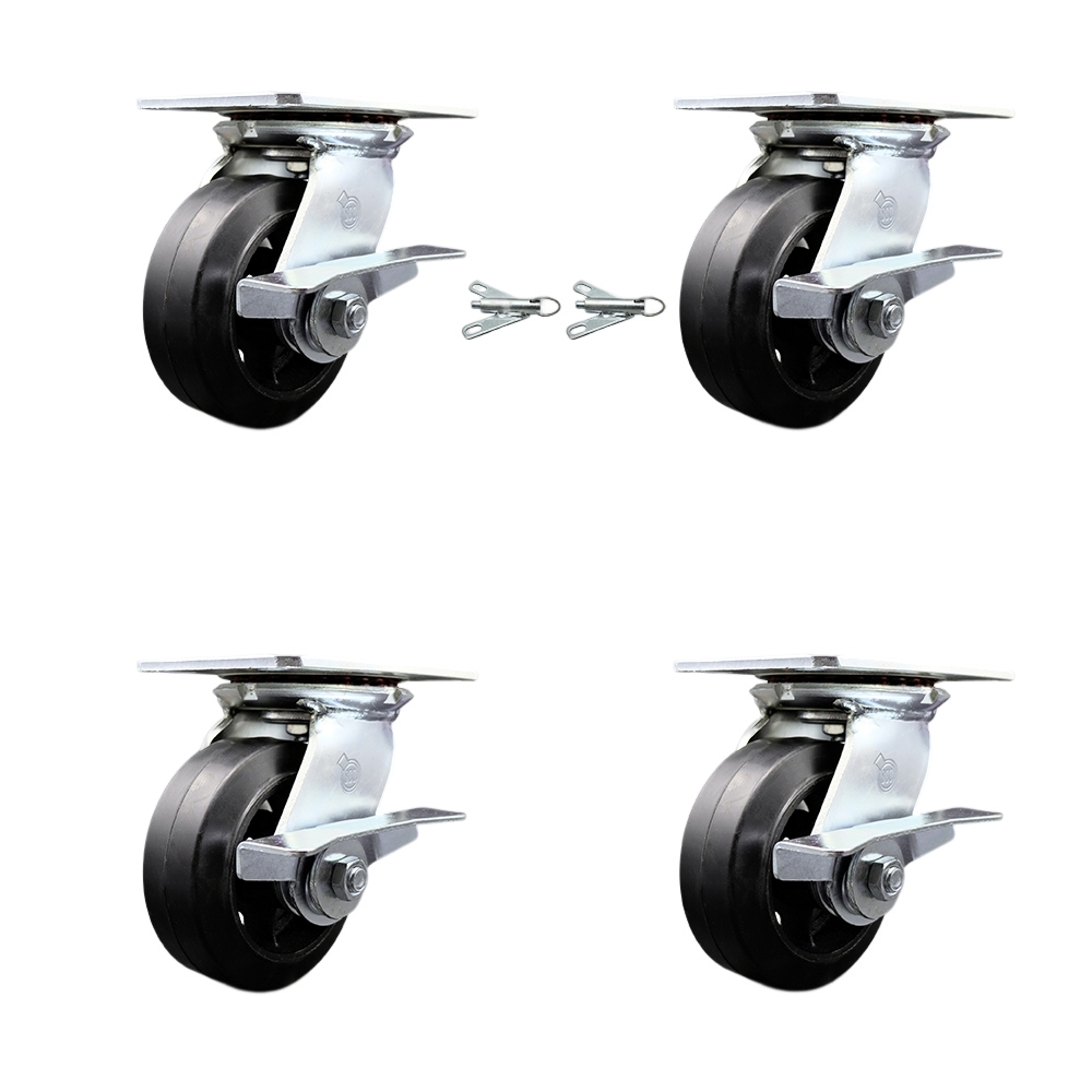 Heavy Duty Large Top Plate Rubber on Cast Iron Swivel Caster with 5 x 2 in. Black Wheels - 1600 lbs Capacity - Set of 4