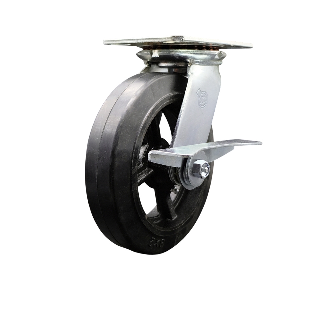 Heavy Duty Large Top Plate Rubber on Cast Iron Swivel Caster with 8 x 2 in. Black Wheel & Side Lock Brake - 500 lbs Capacity per Caster
