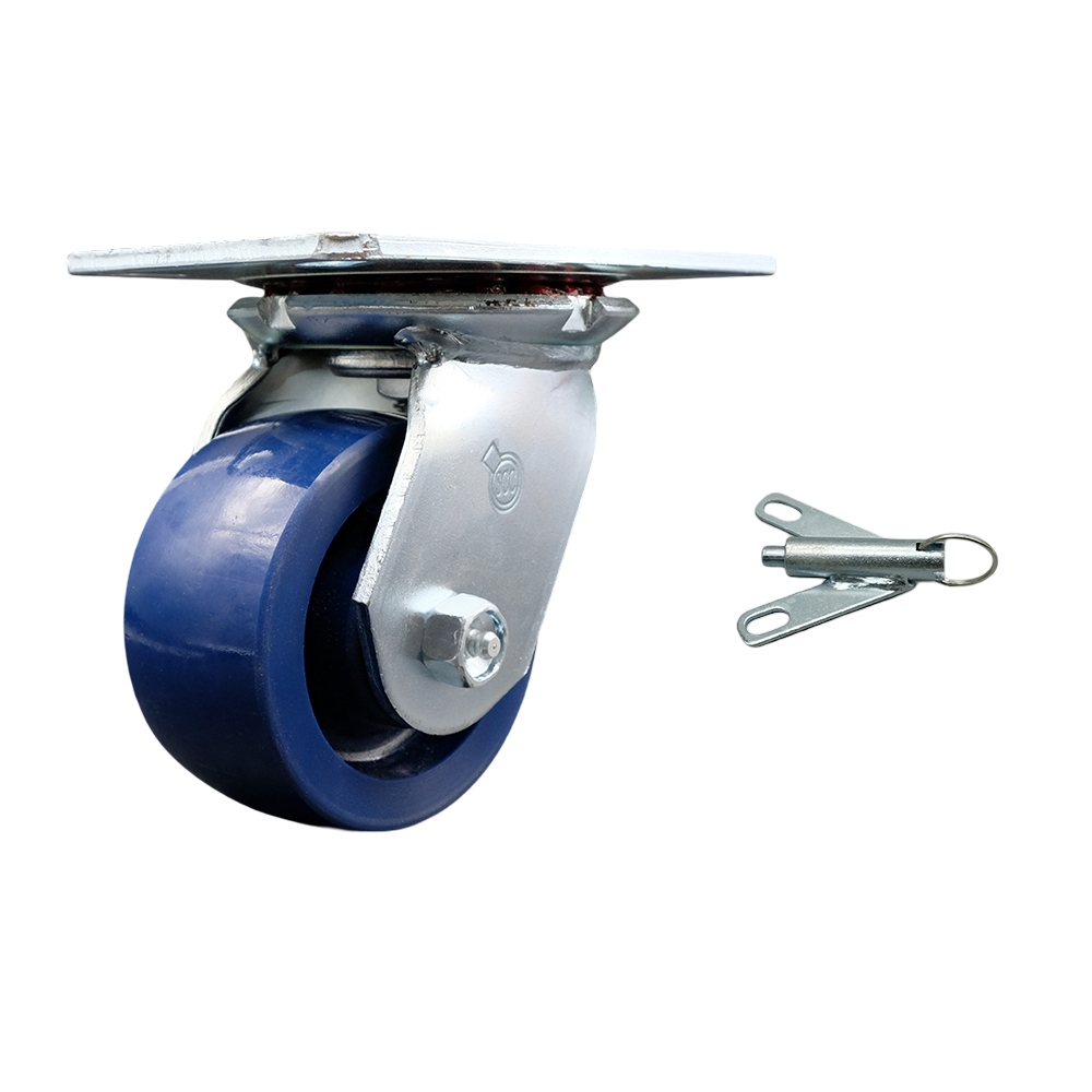 Heavy Duty Large Top Plate Solid Polyurethane Swivel Caster with 4 x 2 in. Blue Wheel & Bolt on Swivel Lock - 700 lbs Capacity per Caster